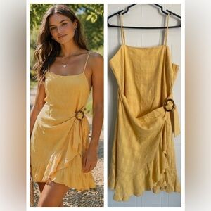Yellow Faux Wrap Ruffle Mini Dress L Feminine Summer Cottage Classic Cotton